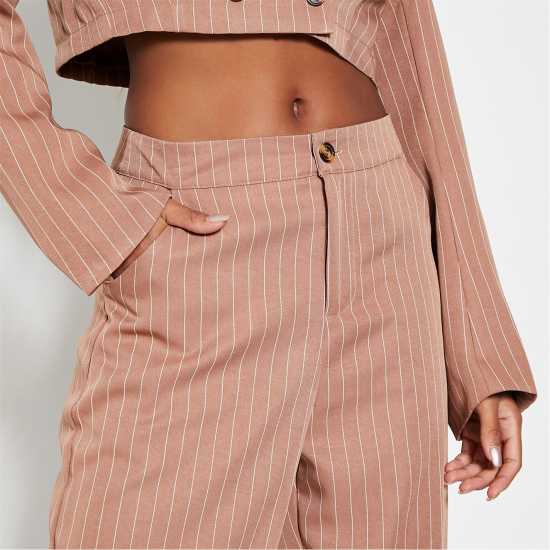 Pinstripe Cuffed Tailored Trousers Brown Дамско облекло плюс размер