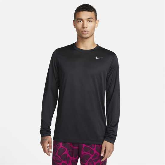Nike Мъжка Риза Legend Long Sleeve T-Shirt Mens Черно/сребро Мъжки тениски с яка