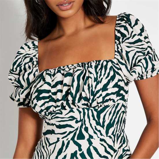 Средна Рокля Zebra Print Square Neck Short Puff Sleeve Midi Dress  
