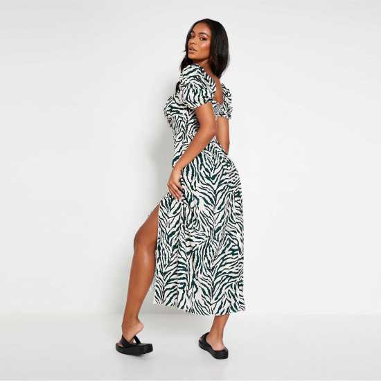 Средна Рокля Zebra Print Square Neck Short Puff Sleeve Midi Dress  