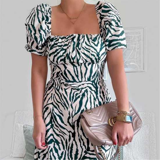 Средна Рокля Zebra Print Square Neck Short Puff Sleeve Midi Dress  