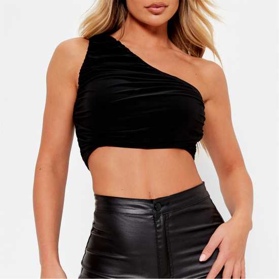 I Saw It First One Shoulder Ruched Slinky Crop Top Black Дамско облекло плюс размер