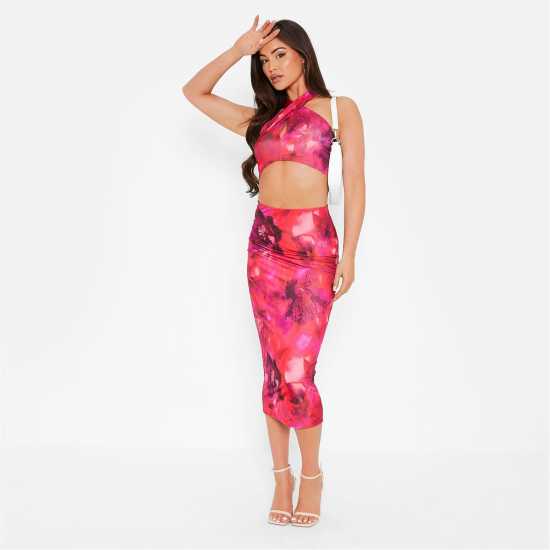 I Saw It First Printed Halterneck Slinky Crop Top Co-Ord Pink Floral Дамско бельо