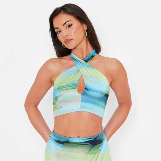 I Saw It First Printed Halterneck Slinky Crop Top Co-Ord BLUE WATERCOLOR Дамско бельо
