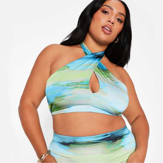 I Saw It First Printed Halterneck Slinky Crop Top Co-Ord BLUE WATERCOLOR Дамско бельо