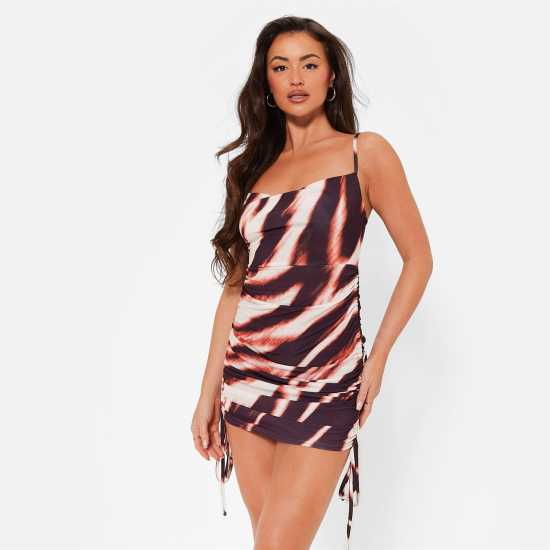I Saw It First Cowl Neck Slinky Ruched Mini Dress BROWN ABSTRACT Дамски поли и рокли
