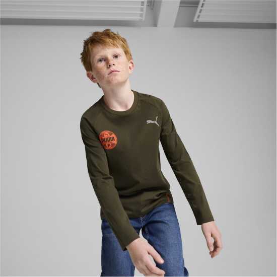 Puma Active Sports Longsleeve Tee B Gym Top Unisex Kids Тъмно маслиново Детски тениски и фланелки