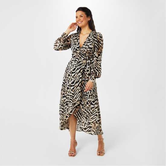 Biba Printed Wrap Dress Животно Лурекс Дамски поли и рокли