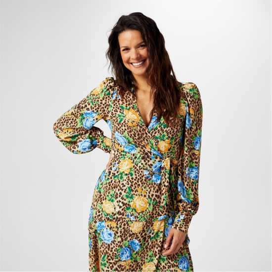 Biba Printed Wrap Dress Леопард Флорал Дамски поли и рокли