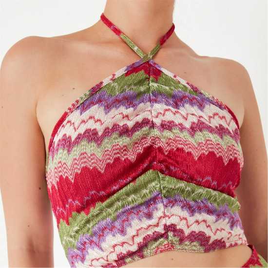 Abstract Print Crochet Halterneck Mini Dress  