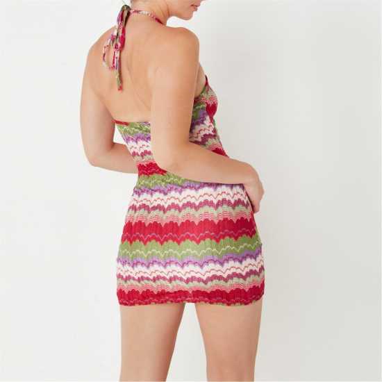 Abstract Print Crochet Halterneck Mini Dress  