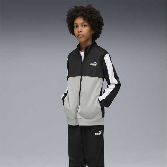 Puma Colour Block Poly Tracksuit Junior Черно/Сиво 