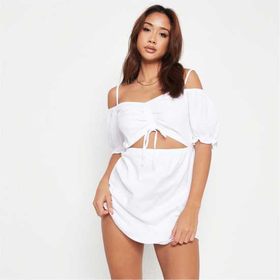 Crinkle Ruched Cut Out Bardot Beach Cover Up Mini Dress