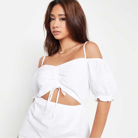 Crinkle Ruched Cut Out Bardot Beach Cover Up Mini Dress
