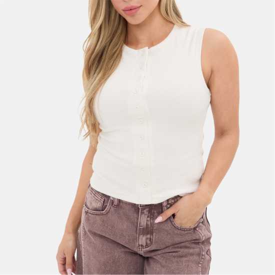 Ribbed Button Front Long Sleeved Top  Дамски тениски и фланелки