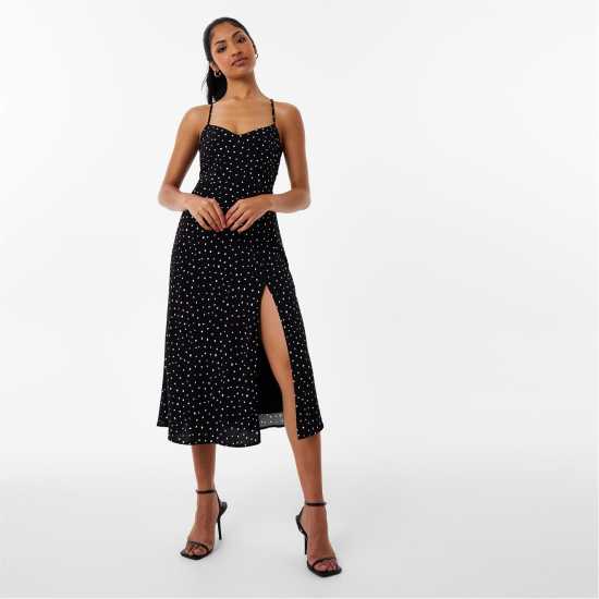 Средна Рокля Jack Wills Split Midi Dress Black Print Дамски поли и рокли