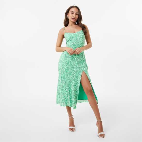 Средна Рокля Jack Wills Split Midi Dress Green Print Дамски поли и рокли