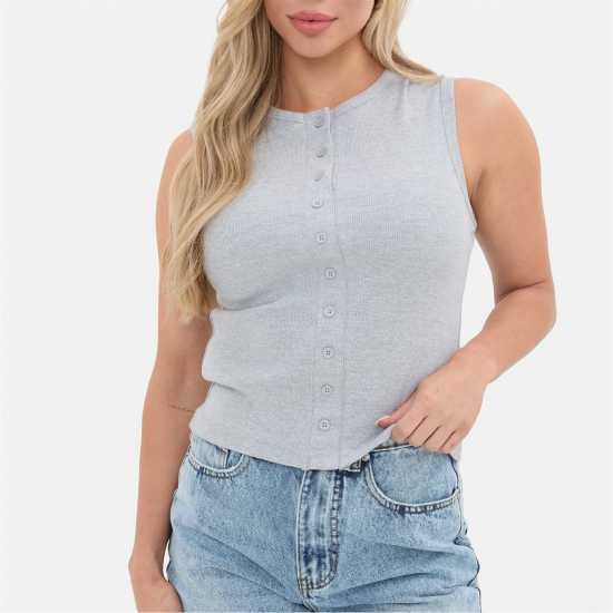Ribbed Sleeveless Button Front Top  Дамски тениски и фланелки
