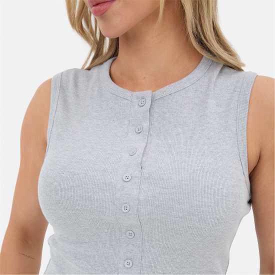 Ribbed Sleeveless Button Front Top  Дамски тениски и фланелки