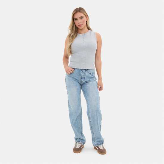 Ribbed Sleeveless Button Front Top  Дамски тениски и фланелки