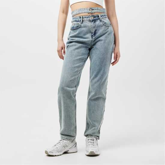 Denim Double Waistband Straight Leg Jeans Womens  