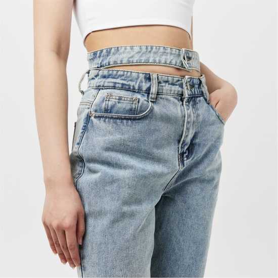 Denim Double Waistband Straight Leg Jeans Womens  