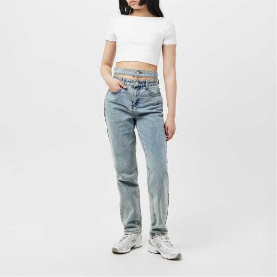 Denim Double Waistband Straight Leg Jeans Womens  