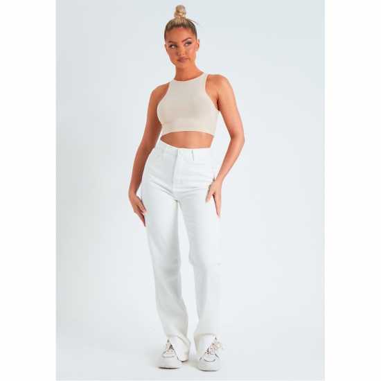 Missy Empire Straight Leg Split Detail Jeans Бяло 