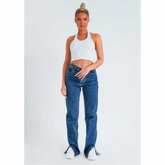 Missy Empire Straight Leg Split Detail Jeans Синьо 