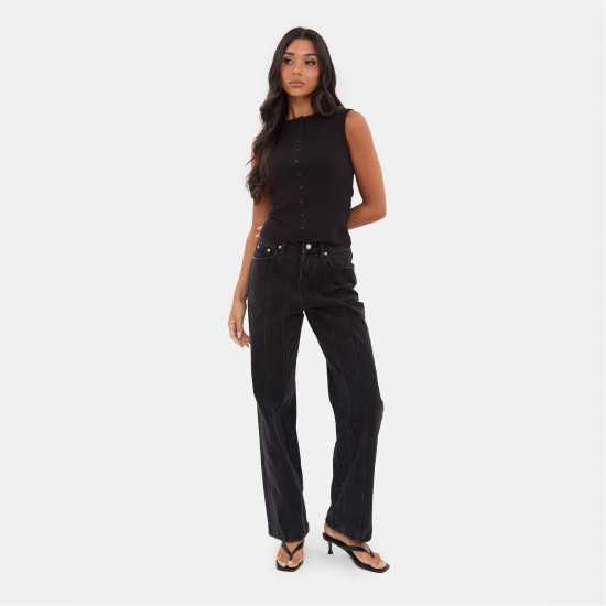 I Saw It First Rib Button Top Black 