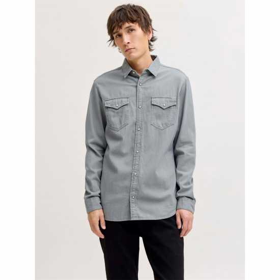 Мъжка Риза Jack And Jones Denim Shirt Mens Светло сива меланж Мъжка Риза Jack And Jones Denim Shirt Mens Светло сива меланж