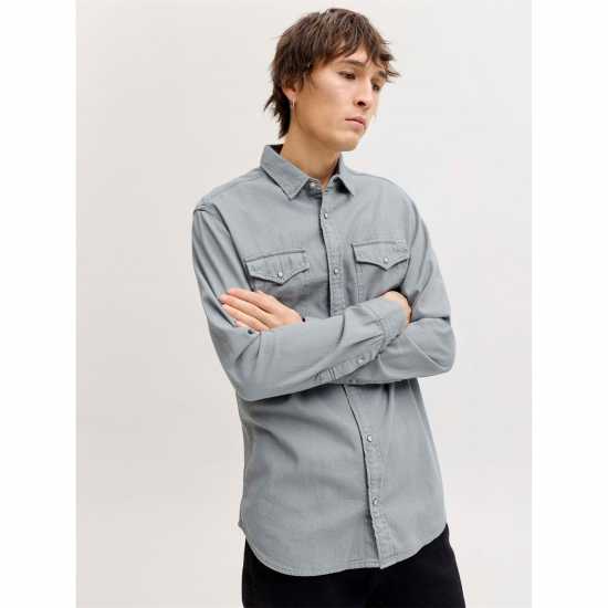 Мъжка Риза Jack And Jones Denim Shirt Mens Светло сива меланж Мъжка Риза Jack And Jones Denim Shirt Mens Светло сива меланж