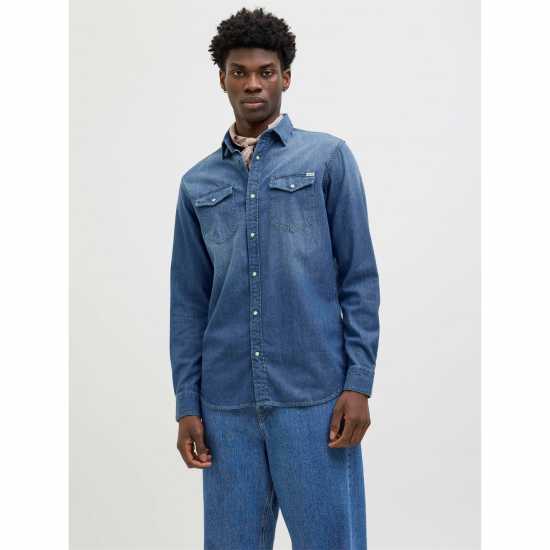 Мъжка Риза Jack And Jones Denim Shirt Mens Средно син деним Мъжка Риза Jack And Jones Denim Shirt Mens Средно син деним
