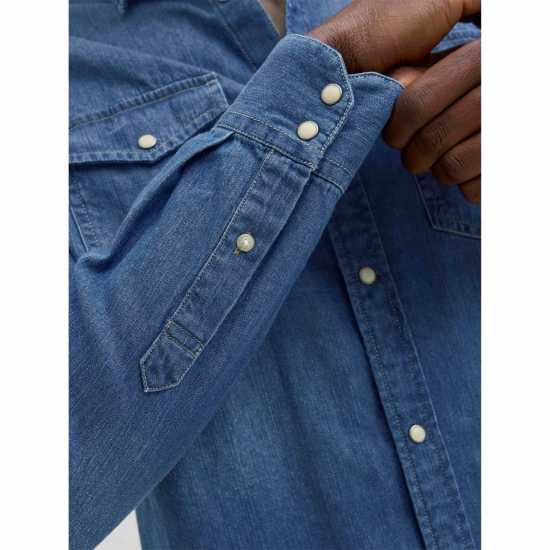 Мъжка Риза Jack And Jones Denim Shirt Mens Средно син деним Мъжка Риза Jack And Jones Denim Shirt Mens Средно син деним