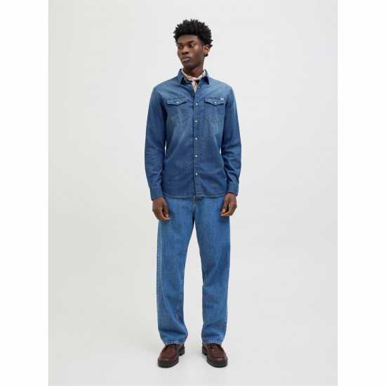 Мъжка Риза Jack And Jones Denim Shirt Mens Средно син деним Мъжка Риза Jack And Jones Denim Shirt Mens Средно син деним