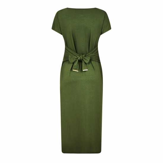 Biba Рокля Жарсе Tie Front Jersey Dress Хаки Дамски поли и рокли