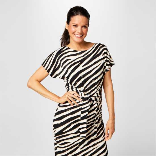 Biba Рокля Жарсе Tie Front Jersey Dress Зебра Печат Дамски поли и рокли