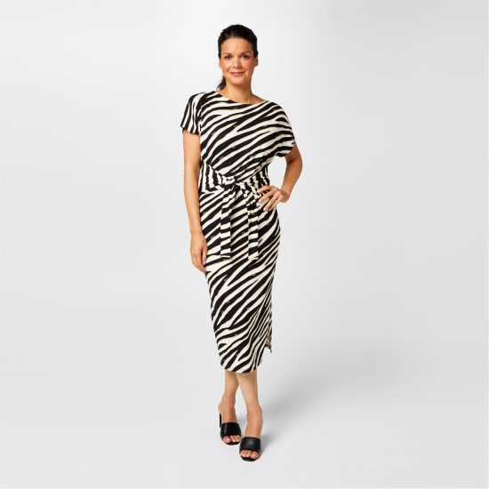 Biba Рокля Жарсе Tie Front Jersey Dress Зебра Печат Дамски поли и рокли