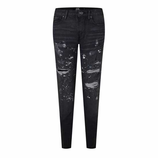 Мъжки Джинси Dfnd London London Splat Ripped Denim Jeans Mens Черно измито Мъжки дънки