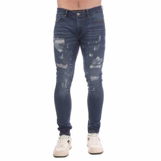 Мъжки Джинси Dfnd London London Splat Ripped Denim Jeans Mens Индиго Пране Мъжки дънки