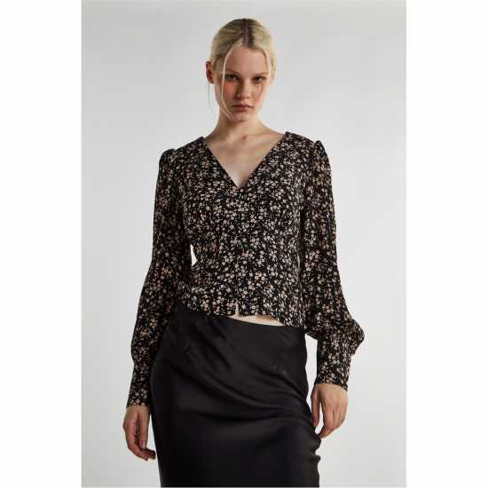 Glamorous Black Ditsy Print Button Front Top  Дамски тениски и фланелки