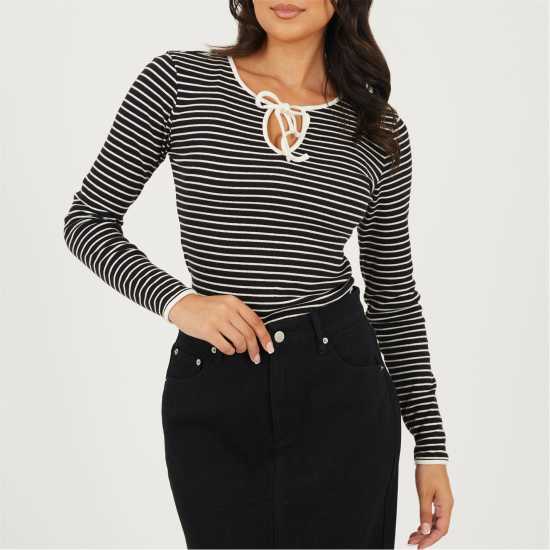 Brave Soul Womens Ribbed Long Sleeve Striped Top With Tie Detail Brave Soul Womens Ribbed Long Sleeve Striped Top With Tie Detail