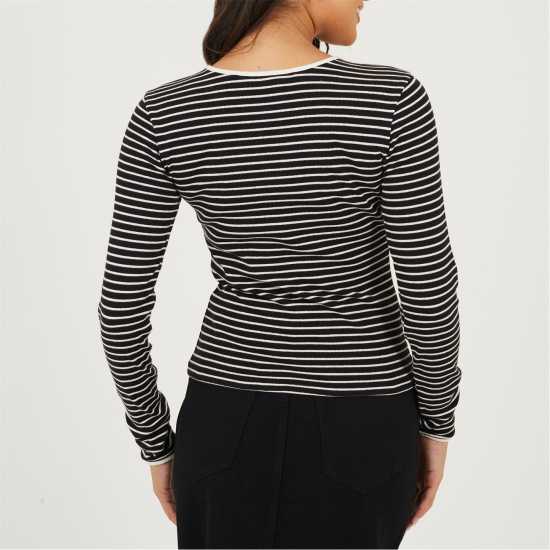 Brave Soul Womens Ribbed Long Sleeve Striped Top With Tie Detail Brave Soul Womens Ribbed Long Sleeve Striped Top With Tie Detail