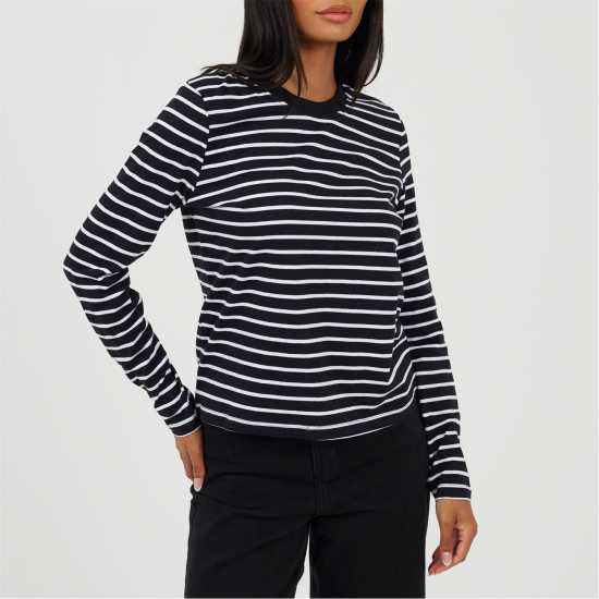 Brave Soul Womens Striped Long Sleeve T-Shirt With Contrast Collar White/Black 