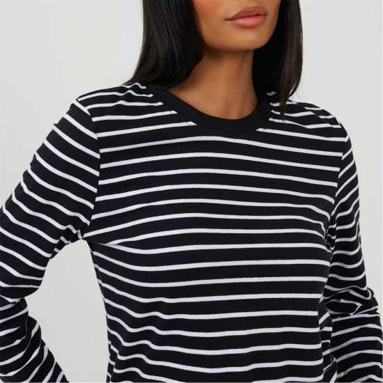 Brave Soul Womens Striped Long Sleeve T-Shirt With Contrast Collar White/Black 