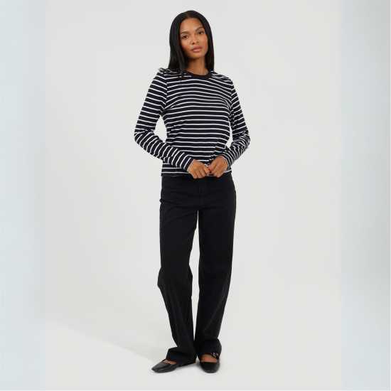 Brave Soul Womens Striped Long Sleeve T-Shirt With Contrast Collar White/Black 