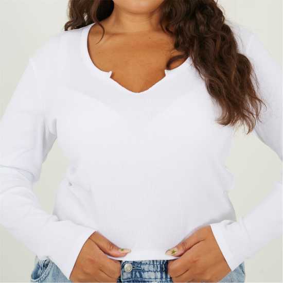 Brave Soul Горнище С Дълъг Ръкав Womens Plus Size V-Neck Long Sleeve Top With Slit Detail White Brave Soul Горнище С Дълъг Ръкав Womens Plus Size V-Neck Long Sleeve Top With Slit Detail White