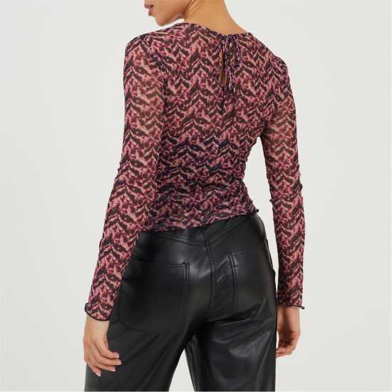 Brave Soul Womens Printed Mesh Long Sleeve T-Shirt Pink/Navy 