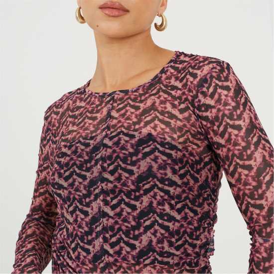 Brave Soul Womens Printed Mesh Long Sleeve T-Shirt Pink/Navy 