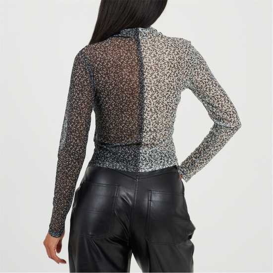 Brave Soul Womens Printed Mesh Long Sleeve T-Shirt Black/Cream 